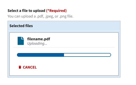 File input component showing a progress bar at 50% while uploading a document