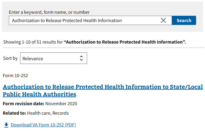 Screenshot of the VA Find a Form search results page showing a Sort by dropdown set to the default option above a list of form results.