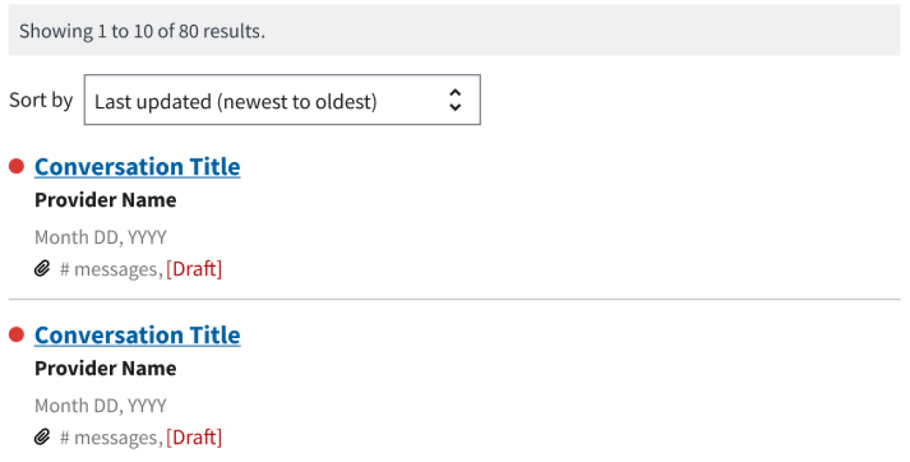 Example of messages sorted by send date (newest to oldest) in the My HealtheVet Inbox