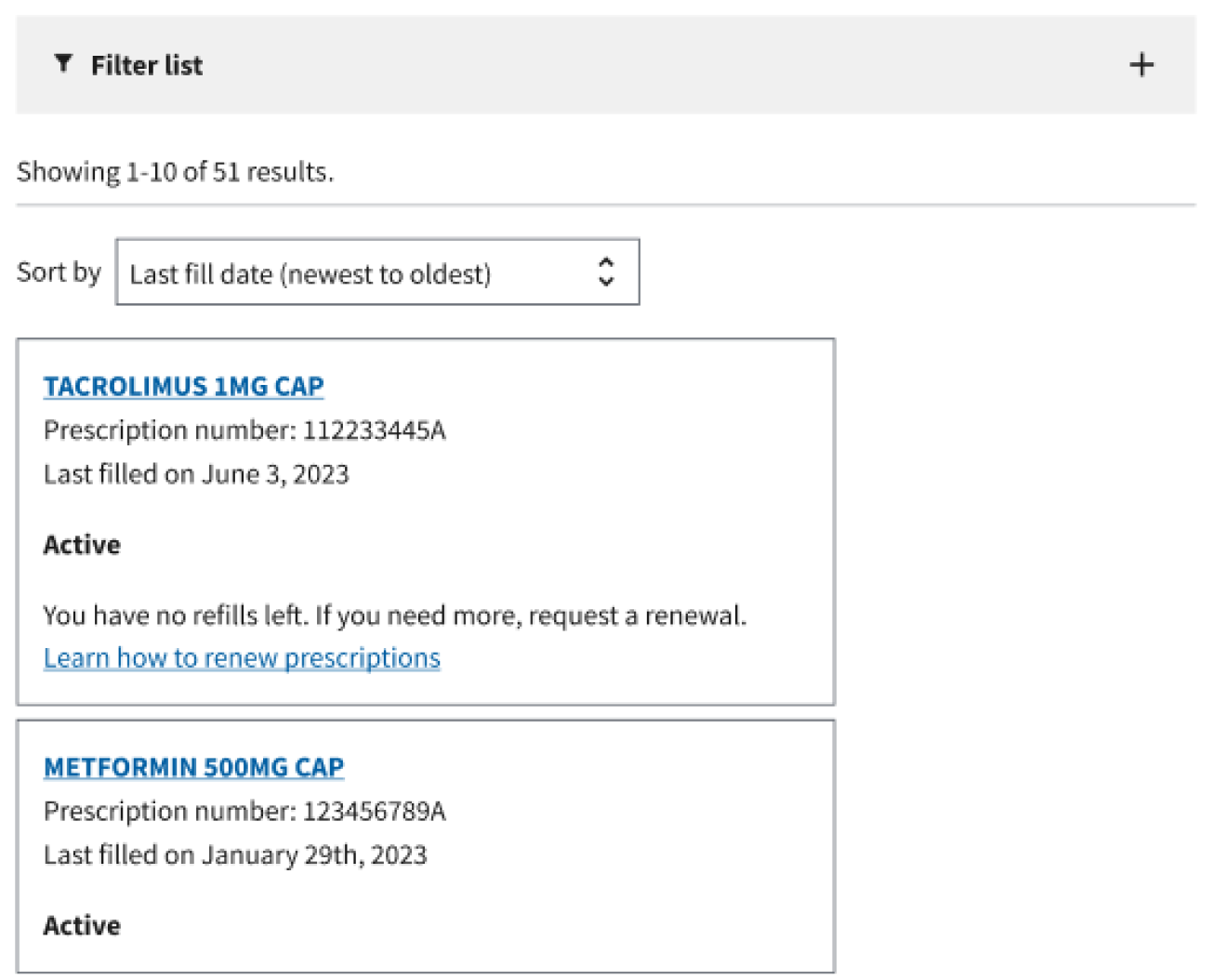 Desktop example of medications on the My HealtheVet Medications page placed below the Filter and above the search results