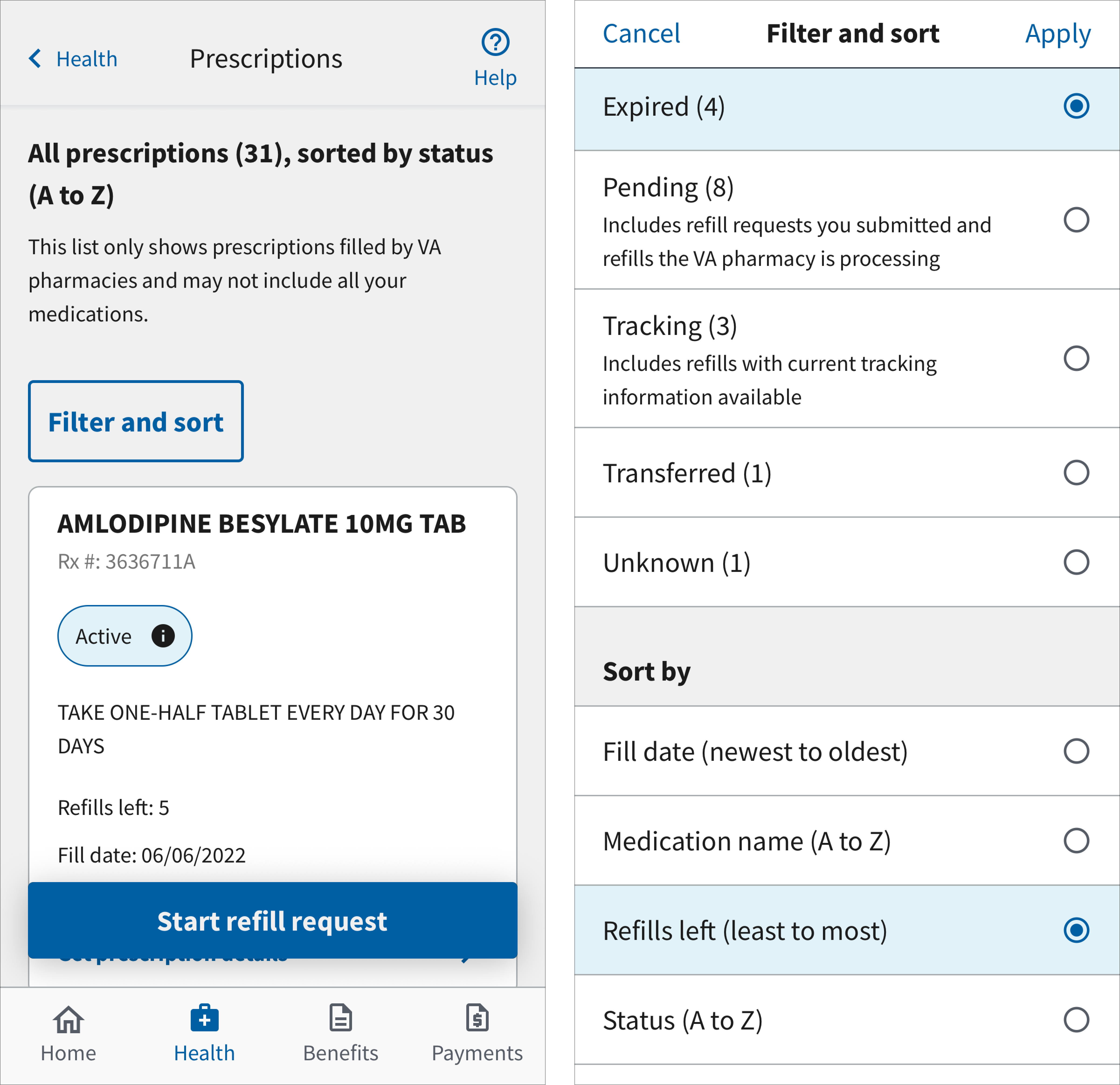A Filter and Sort button that opens a modal that allows a user to explicitly submit sort and filter options.